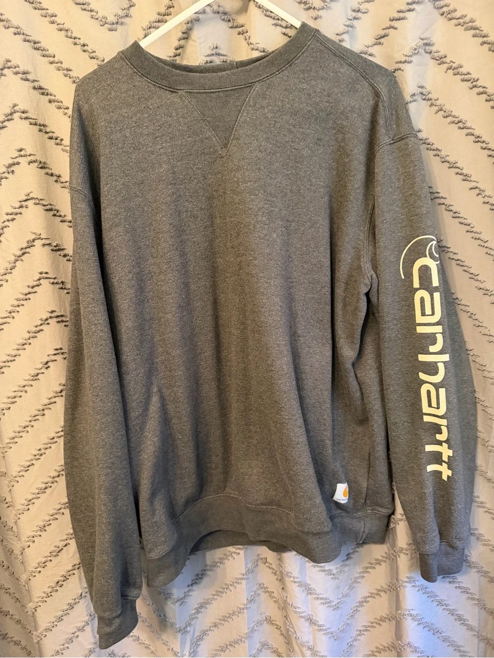 Carhartt Men's Heather Gray Crewneck with Yellow Sleeve Logo